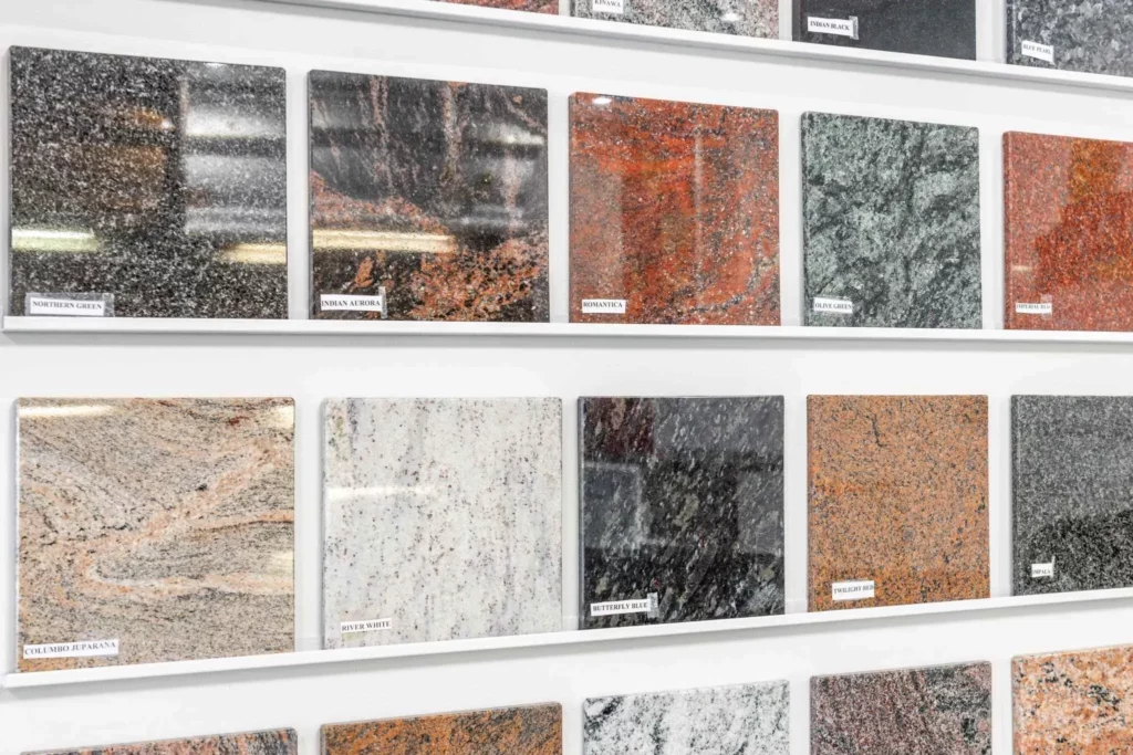Panneau d'échantillons de plaques de granit et marbre pour monuments funéraires