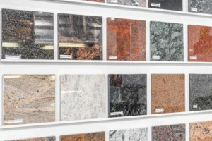 Panneau d'échantillons de plaques de granit et marbre pour monuments funéraires